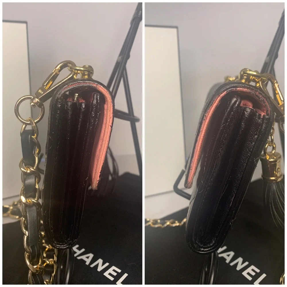 CHANEL Black Quilted Lambskin Crossbody with Gold Chain & Tassel Accent